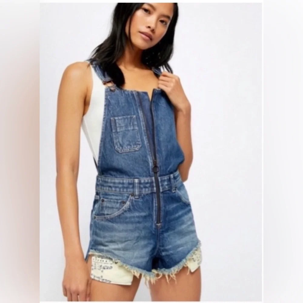 New We The Free by Free People Ziggy Sun-kissed Denim Aura Blue Overall Shorts 2